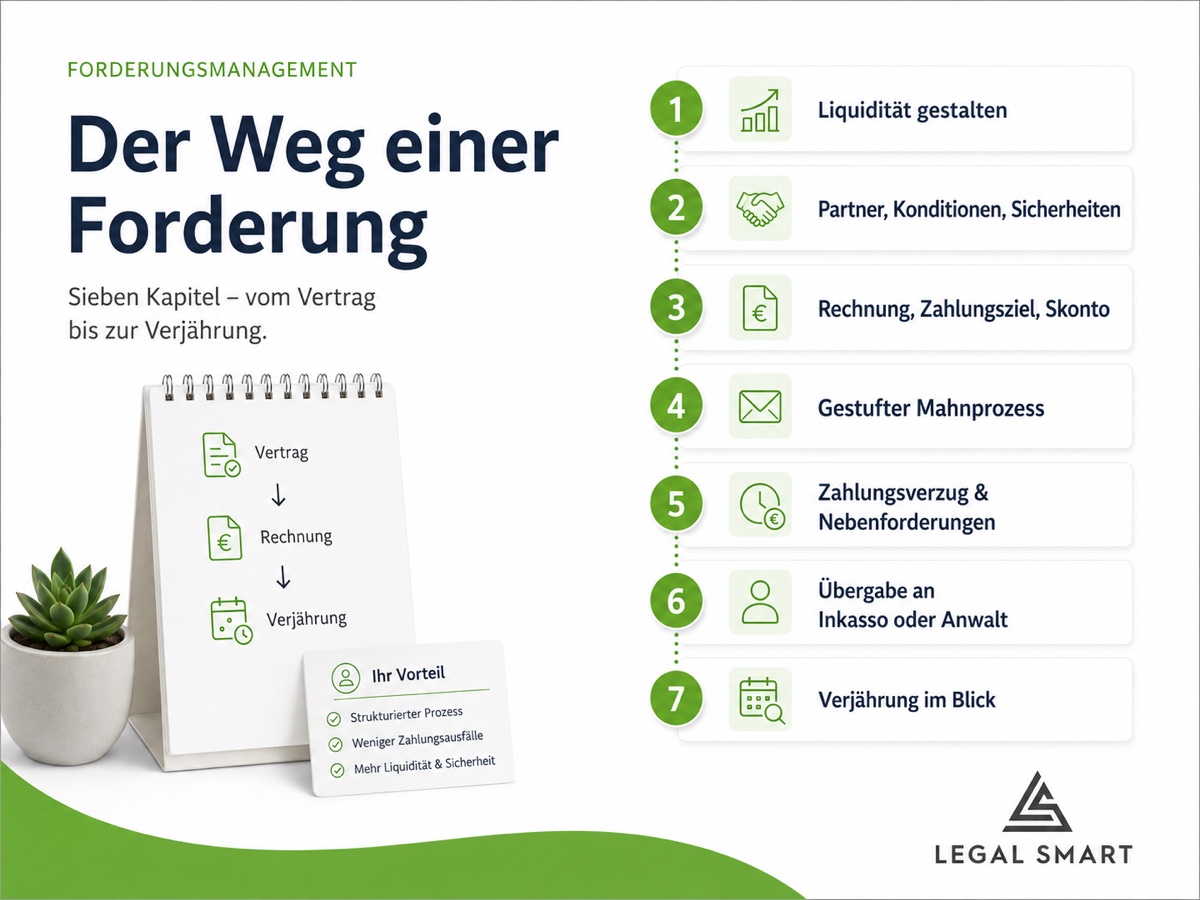 Der Weg einer Forderung in sieben Kapiteln: Liquidität gestalten, Partner und Konditionen, Rechnung und Zahlungsziel, gestufter Mahnprozess, Zahlungsverzug und Nebenforderungen, Übergabe an Inkasso oder Anwalt, Verjährung im Blick