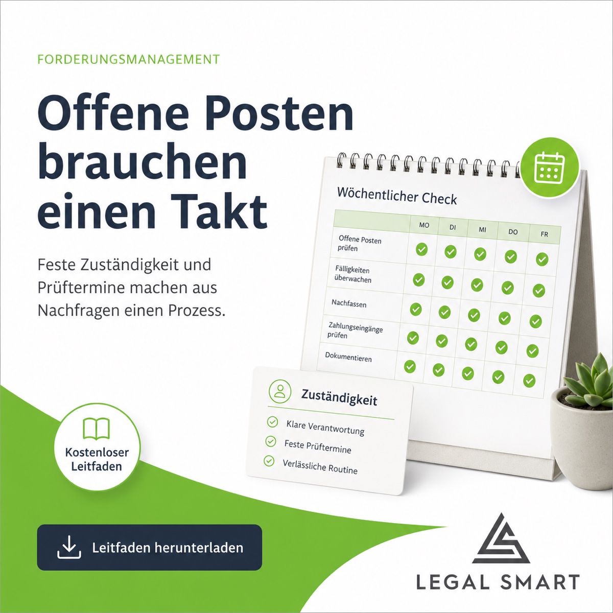 Offene Posten brauchen einen Takt: ein wöchentlicher Check mit den Punkten offene Posten prüfen, Fälligkeiten überwachen, Nachfassen, Zahlungseingänge prüfen und Dokumentieren – dazu klare Verantwortung, feste Prüftermine und eine verlässliche Routine