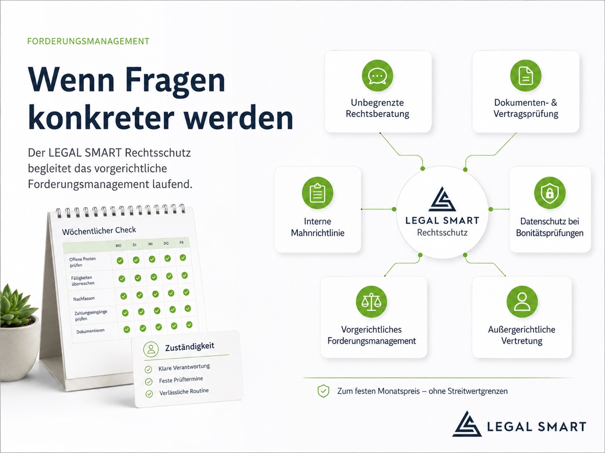 Wenn Fragen konkreter werden: der LEGAL SMART Rechtsschutz mit unbegrenzter Rechtsberatung, Dokumenten- und Vertragsprüfung, interner Mahnrichtlinie, Datenschutz bei Bonitätsprüfungen, vorgerichtlichem Forderungsmanagement und außergerichtlicher Vertretung